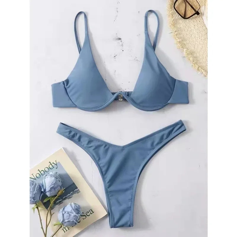 Split Bikini Push Up Swimsuit Women Sexy Triangle High Cut Thong Bikini Set Summer 2025 New Beach Vacation Bathing Suit 2 Piece