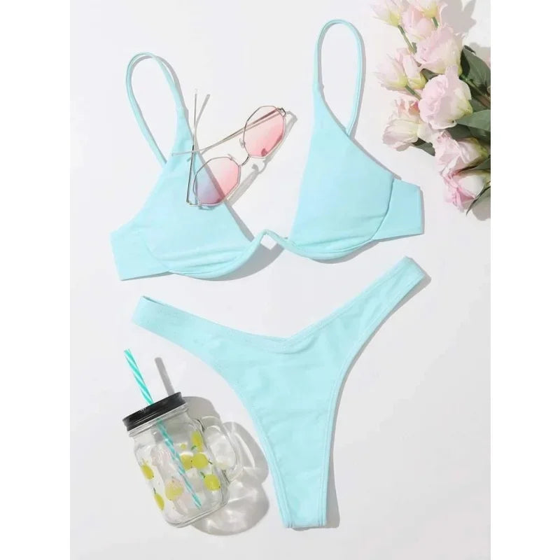 Split Bikini Push Up Swimsuit Women Sexy Triangle High Cut Thong Bikini Set Summer 2025 New Beach Vacation Bathing Suit 2 Piece