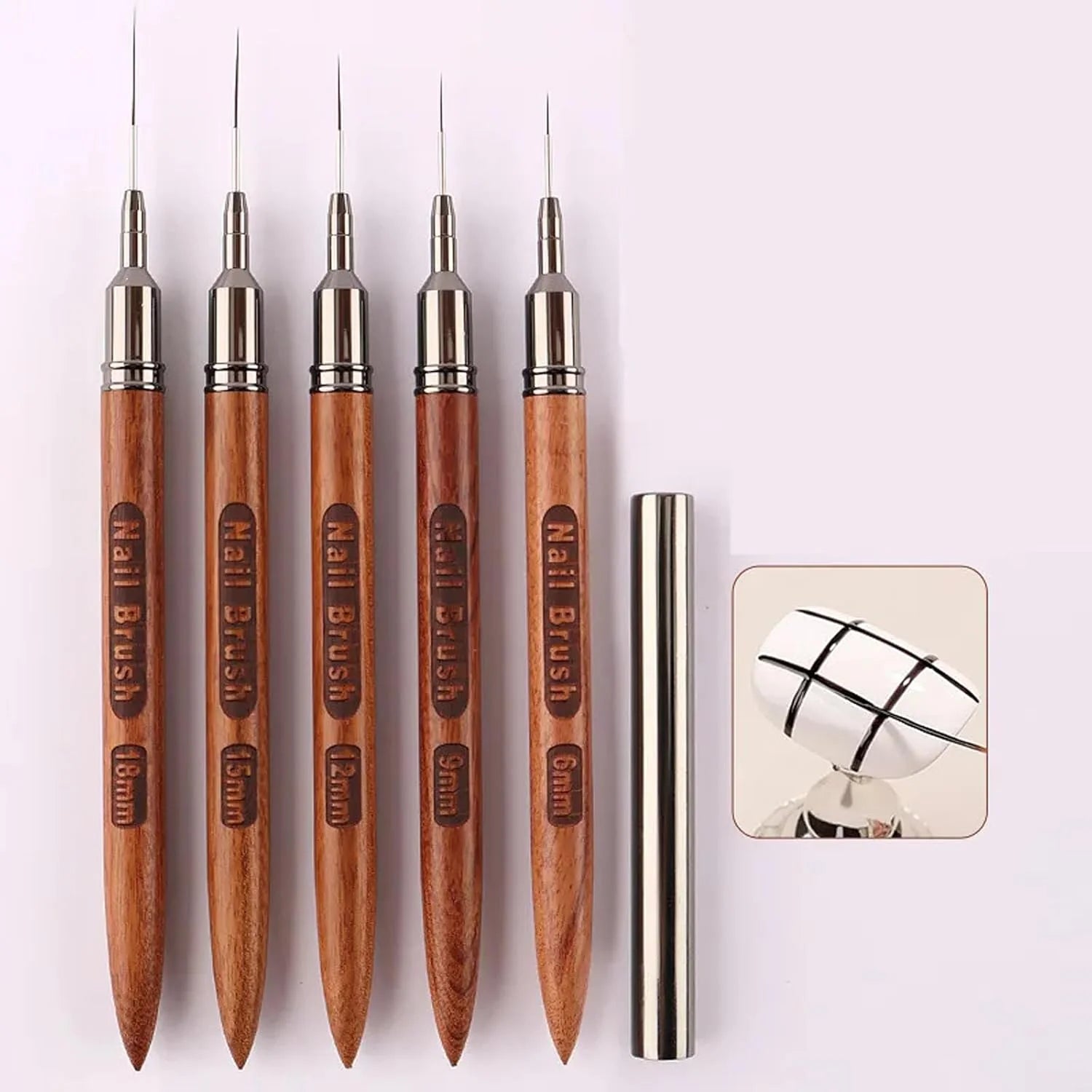 Nail Art Line Brush Set, 5-Piece Outline Brushes, Art Design Brushes for Long Lines and Detailed Painting, Sizes 6/9/12/15/18mm