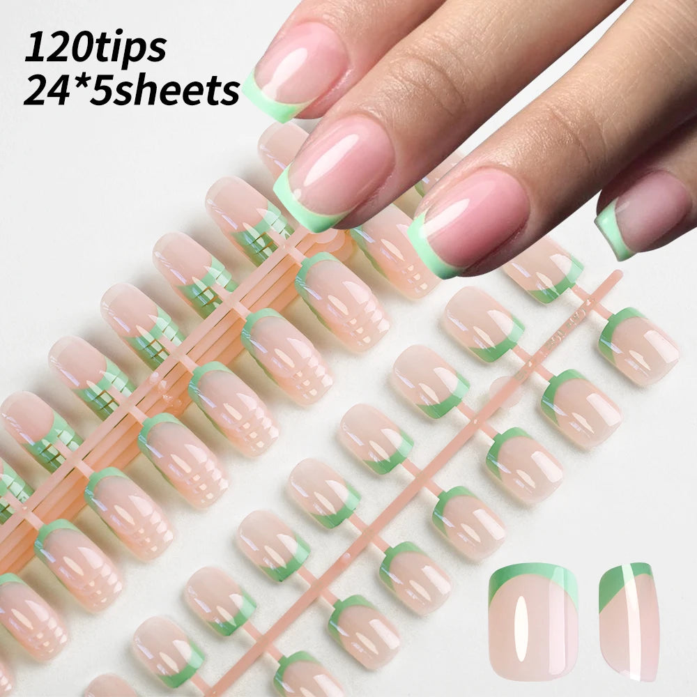 120Pcs French Colorful Wearable False Nails Short Square Fake Nails Full Cover Press on Nails Detachable Artificial Fingernails