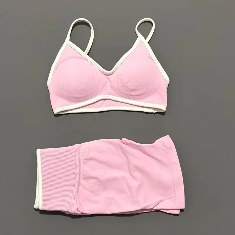 HISTELLO 2 Piece Gym Set Women Seamless Sports Clothes Tummy Control Gym Shorts High Support Yoga Bra Top Pilates Fitness Sets