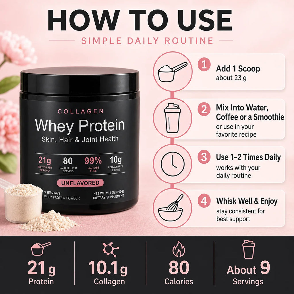 Collagen Whey Protein Powder 21g Protein 10g Collagen Peptides, Unflavored 99% Lactose Free Fitness Nutrition Shake 9 Servings
