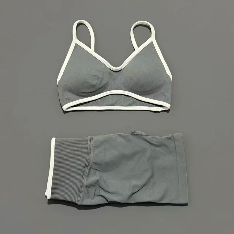 HISTELLO 2 Piece Gym Set Women Seamless Sports Clothes Tummy Control Gym Shorts High Support Yoga Bra Top Pilates Fitness Sets