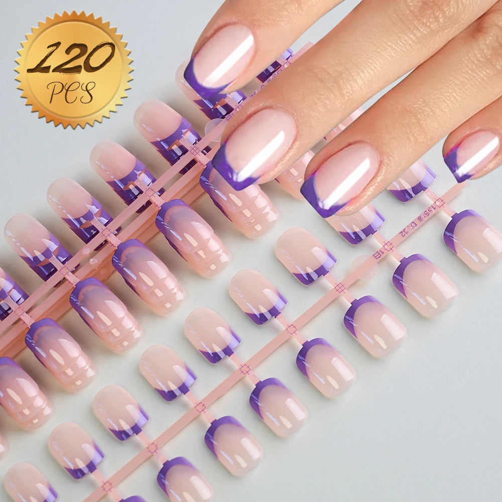 120Pcs French Colorful Wearable False Nails Short Square Fake Nails Full Cover Press on Nails Detachable Artificial Fingernails