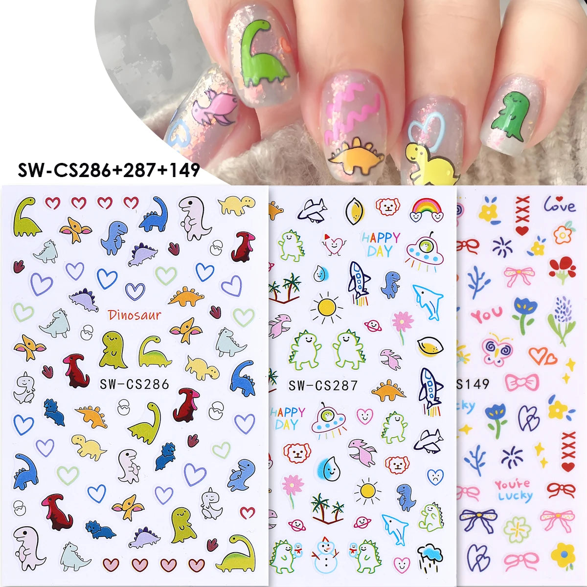 2/3pcs Adorable Graffiti Dinosaur Nail Stickers Simple Heart Dog Butterfly Bow Cartoon Design Colorful Decal Manicure Foil Wraps