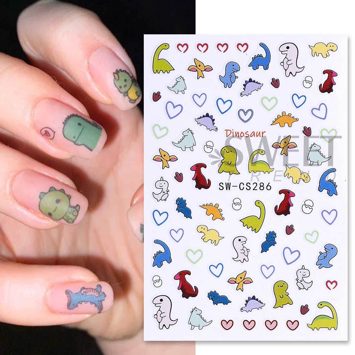 2/3pcs Adorable Graffiti Dinosaur Nail Stickers Simple Heart Dog Butterfly Bow Cartoon Design Colorful Decal Manicure Foil Wraps
