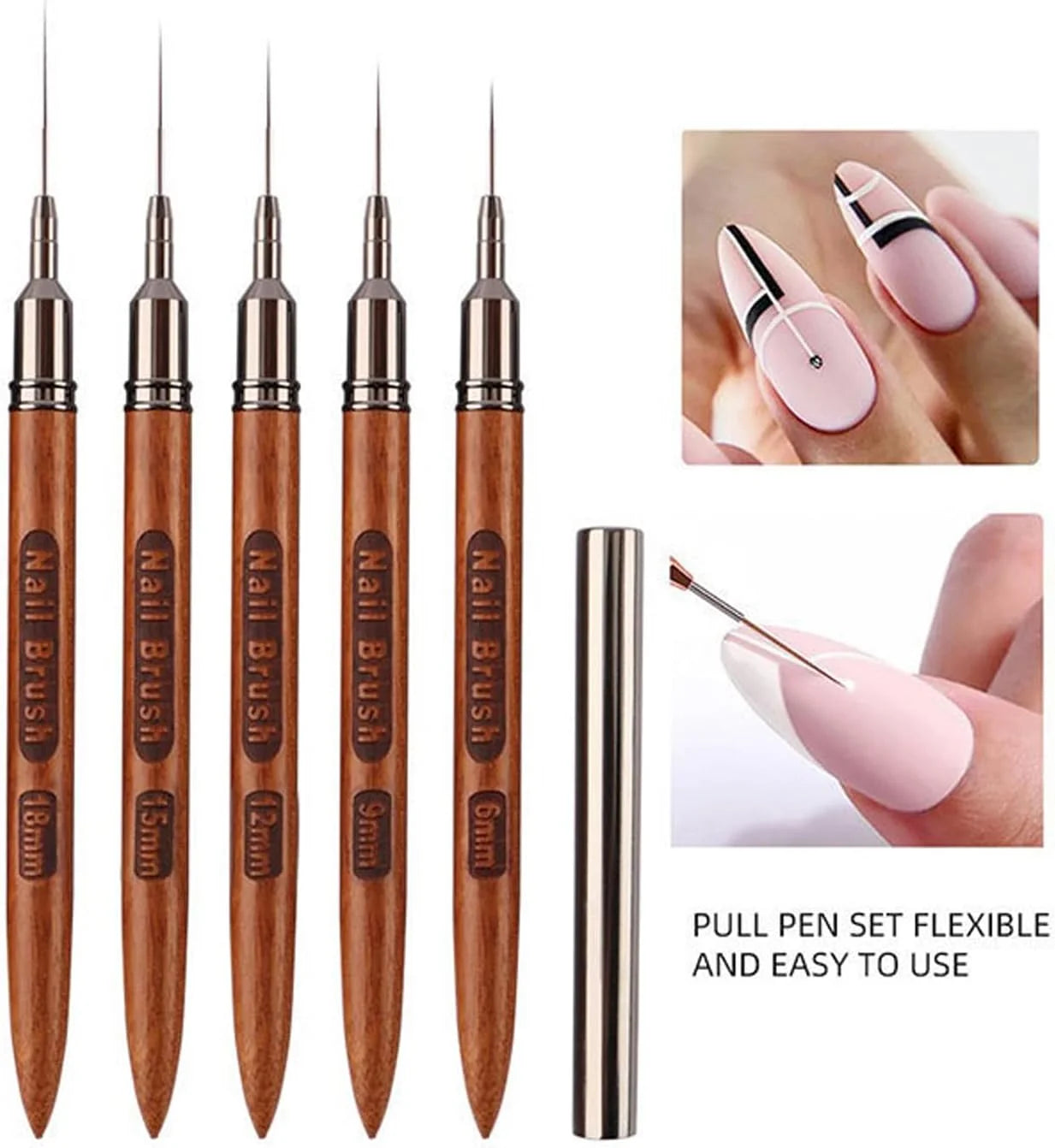 Nail Art Line Brush Set, 5-Piece Outline Brushes, Art Design Brushes for Long Lines and Detailed Painting, Sizes 6/9/12/15/18mm