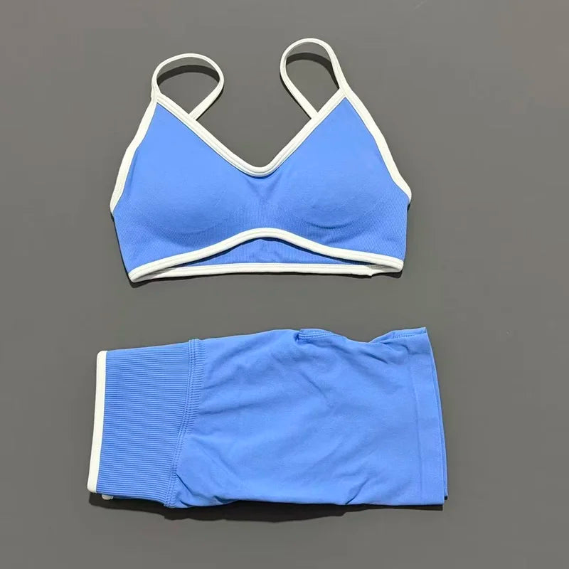 HISTELLO 2 Piece Gym Set Women Seamless Sports Clothes Tummy Control Gym Shorts High Support Yoga Bra Top Pilates Fitness Sets