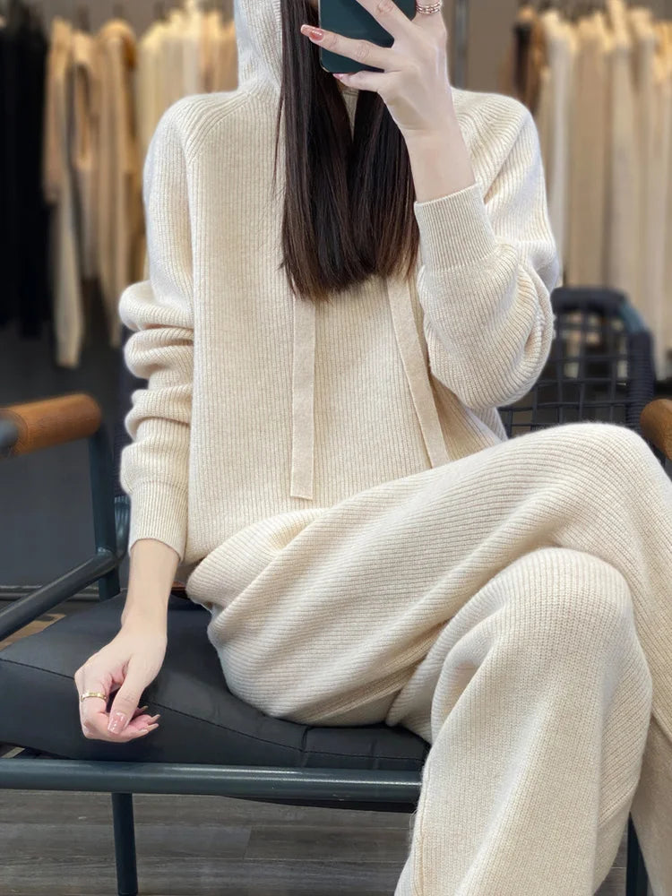 100%Australian Wool Knitted 2 Piece Sets Women Casual Long Sleeve Hooded Sweater Elastic High Waisted Wide Leg Pants Suit Outfit