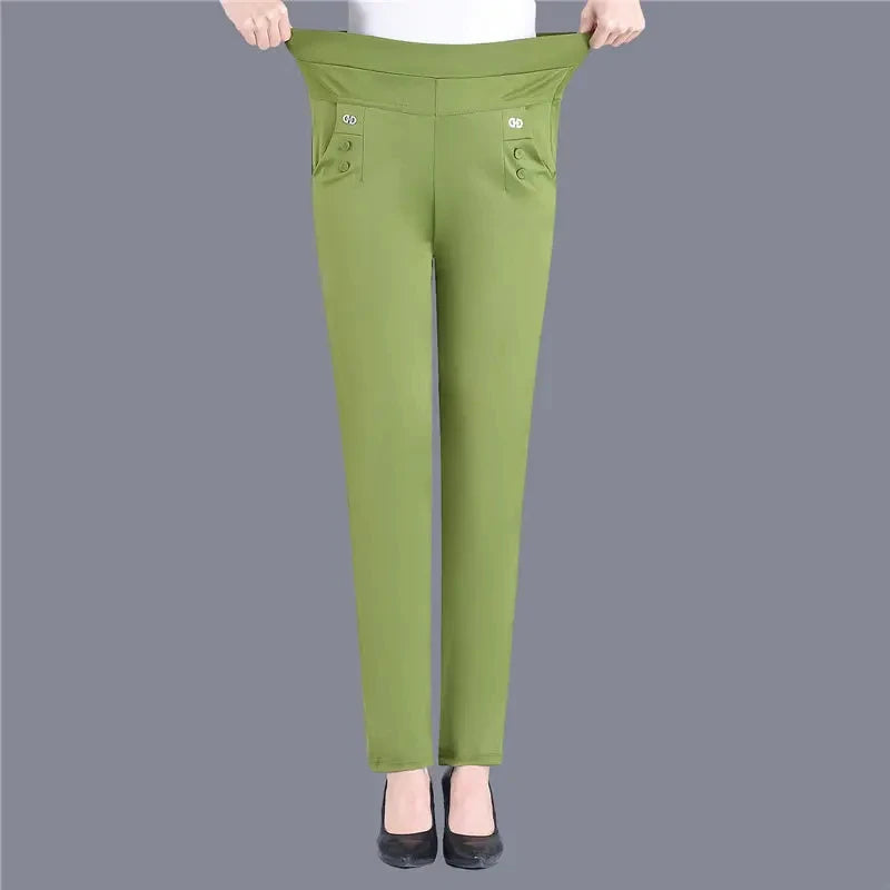 Women Thin Candy Colors Stretch Classic Pants Straight Trousers Mother Casual High Waist Pantalones Slim Ankle-Length Pants