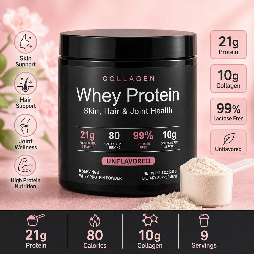 Collagen Whey Protein Powder 21g Protein 10g Collagen Peptides, Unflavored 99% Lactose Free Fitness Nutrition Shake 9 Servings