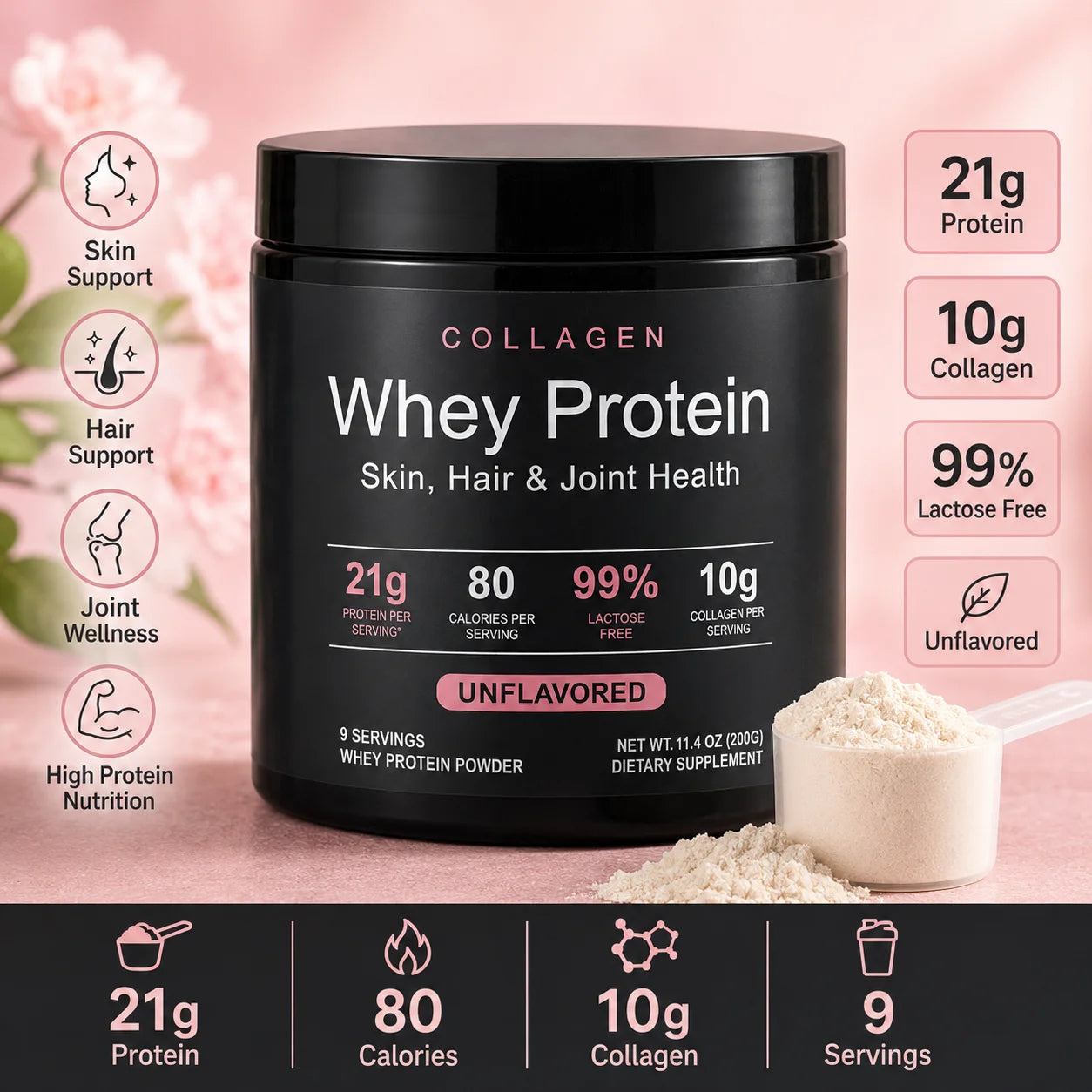 Collagen Whey Protein Powder 21g Protein 10g Collagen Peptides, Unflavored 99% Lactose Free Fitness Nutrition Shake 9 Servings