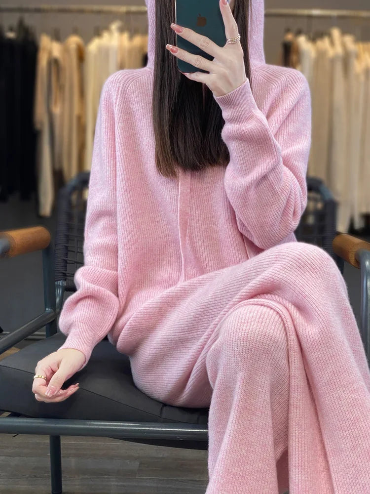 100%Australian Wool Knitted 2 Piece Sets Women Casual Long Sleeve Hooded Sweater Elastic High Waisted Wide Leg Pants Suit Outfit