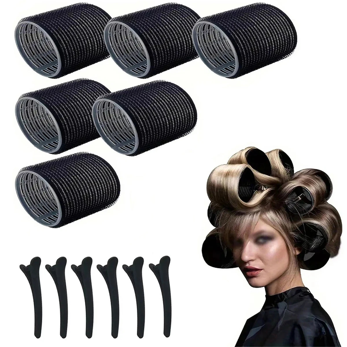12pcs Ladies Hair Accessories Set (6pc Curling Irons + 6pc Clips) Black Family Hair Curling Tool for Styling Bangs And Daily Out