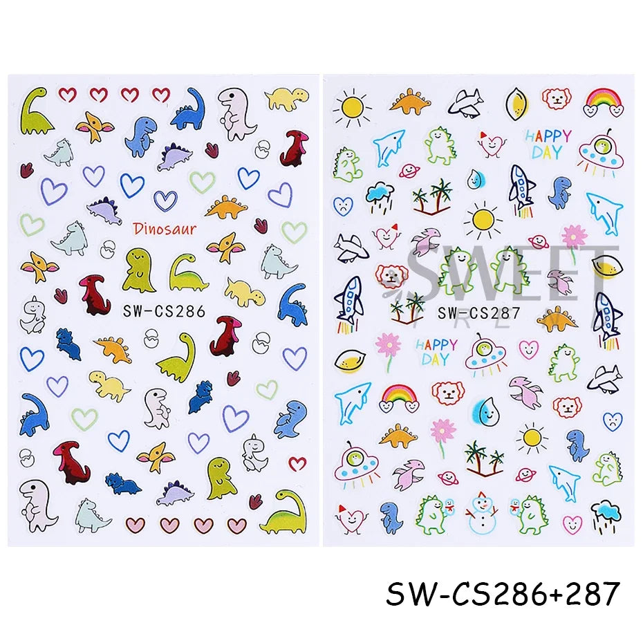2/3pcs Adorable Graffiti Dinosaur Nail Stickers Simple Heart Dog Butterfly Bow Cartoon Design Colorful Decal Manicure Foil Wraps